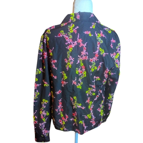 British Khaki Silk/ Linen Black Floral Beaded Snap Front Old Money Shirt Sz L - Picture 5 of 12
